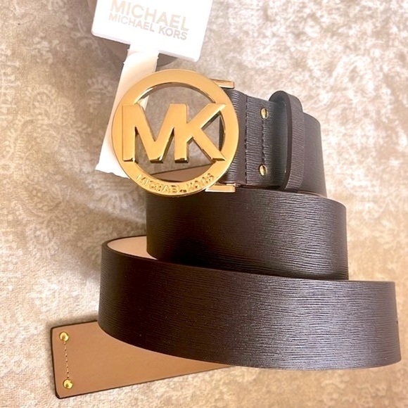 Brand New Michael Kors Genuine Leather Brown Belt w/ Round Gold Tone Buckle - Picture 1 of 15